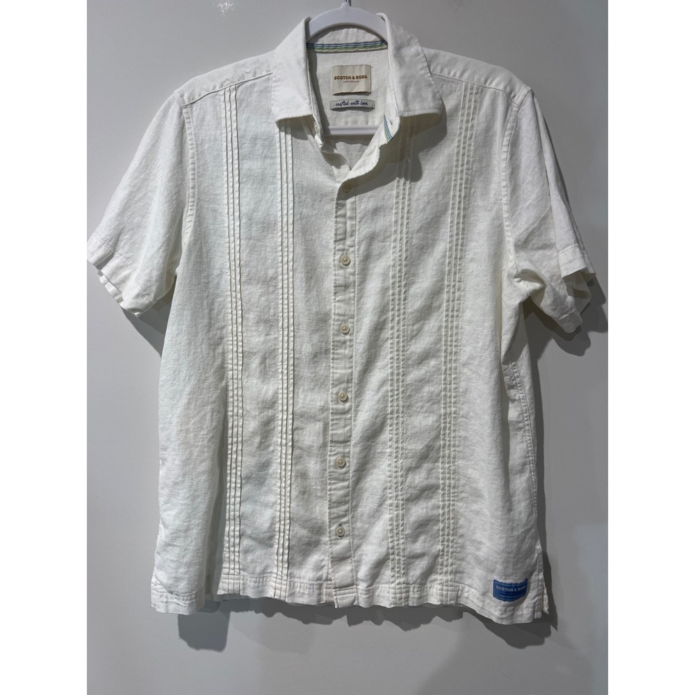 Scotch & Soda Mens Off White Linen Blend Pintuck Guayabera Short Sleeve Shirt M